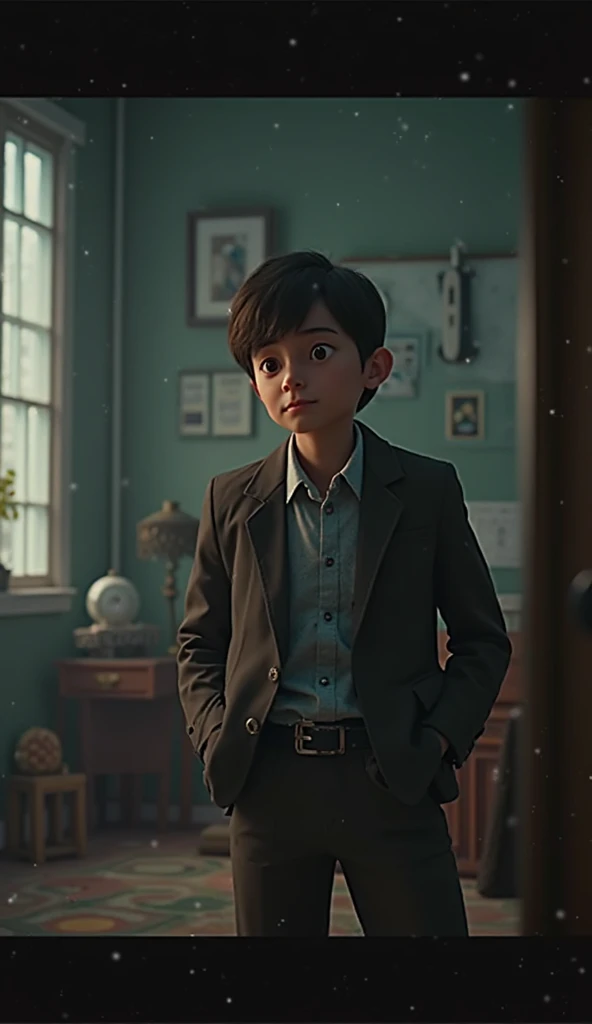 real photo, A boy of , thin, short trim, shaggy, large ears sticking out to the sides, spoon-eared, with straight facial features, freckled, defiant, stands in the center of the living room, facing the camera with a neutral expression and a slight smile. He is dressed in an elegant black single-button jacket with notched lapels, a button-down blue-and-white plaid shirt, and a gray bow tie. His right hand dangles relaxed by his side, while his left hand rests on the blazer's button. The room has light beige walls with a subtle damask pattern, creating a warm atmosphere. To the left, there is a beige couch with a concrete-colored throw pillow and a white blanket with a marbled pattern in shades of brown, beige, and black draped over it. A rolled-up piece of fabric, likely carpet or wallpaper, leans against the wall next to the couch. Above the couch, shelves are filled with various items, including books, decorative objects, and small toys. A TV stand with a flat-screen TV, a black speaker, and other electronic devices is visible in the midground. On the right side of the image, an open doorway leads to another room where a white cabinet with two small doors and silver handles is visible. The walls in this adjacent room have a darker damask pattern, and a small mirror hangs above the cabinet. The lighting in the room is soft and even, providing a balanced illumination across the scene without harsh shadows. The overall composition focuses on the young man, who stands on a circular patterned rug, creating a formal yet homey atmosphere in the lived-in living space.