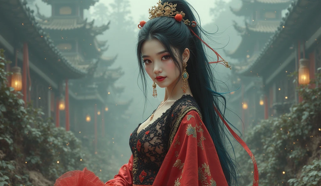 Ultra-high resolution, Clear face, （Reality： 1.4）, perfect lighting,(photorealistic), anime wallpaper, Guviz style artwork, fantasy to magic cover, beautiful artwork illustration, beautiful digital artwork, beautiful digital illustration , beautiful portraits, illustrations, delicate and beautiful, highly detailed, fine details, official art, highly detailed unity 8k CG wallpapers, highly detailed, high resolution, highly detailed, highly detailed eyes and faces, beautifully detailed eyes, cinematic lighting, 25 year old woman,1girl, solo, long hair, black hair, hair ornament, Chinese dress, black dress, cheongsam ,absudres, standing, (full body:1.3), (looking at viwer:1.3), (Nine-tailed fox tail:1.5), (anime style:1.3),