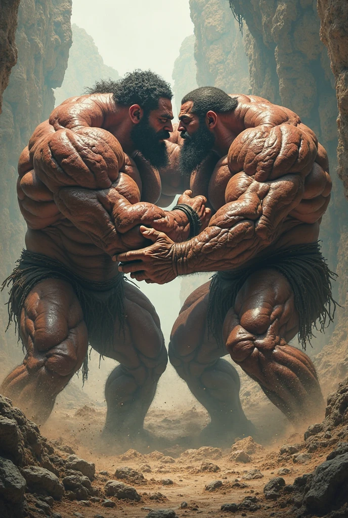 A large black bodybuilder with hair on his chest and armpits lying face down on top of a small, thin white man.
The bodybuilder's chest is on top of the skinny man's face.