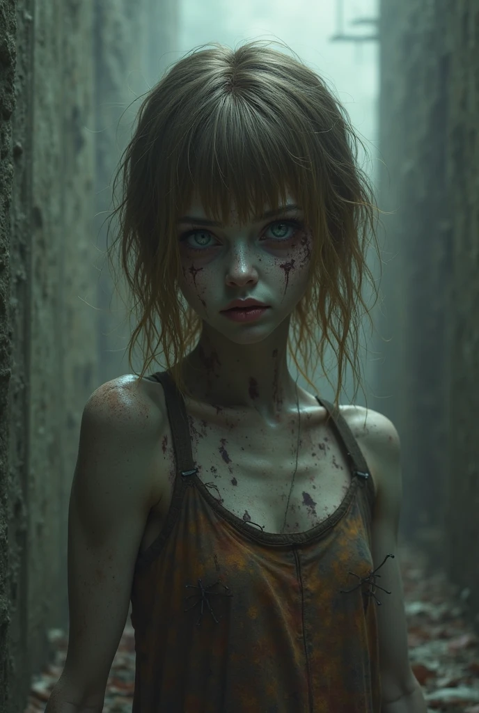 Dark background, hyper real photo of ((beautiful young russian woman inside a cluttered barn full of zombies wearing worn-out torn cotton croptop)), escapes from the pursuit of a scary zombie, abs, model posing, ((detailed realistic face and eyes)), cinematic lighting, 8k resolution, (modelshoot style), sunset, (from_below:1.4), soft small covered by (ripped torn cotton tanktop), natural breasts