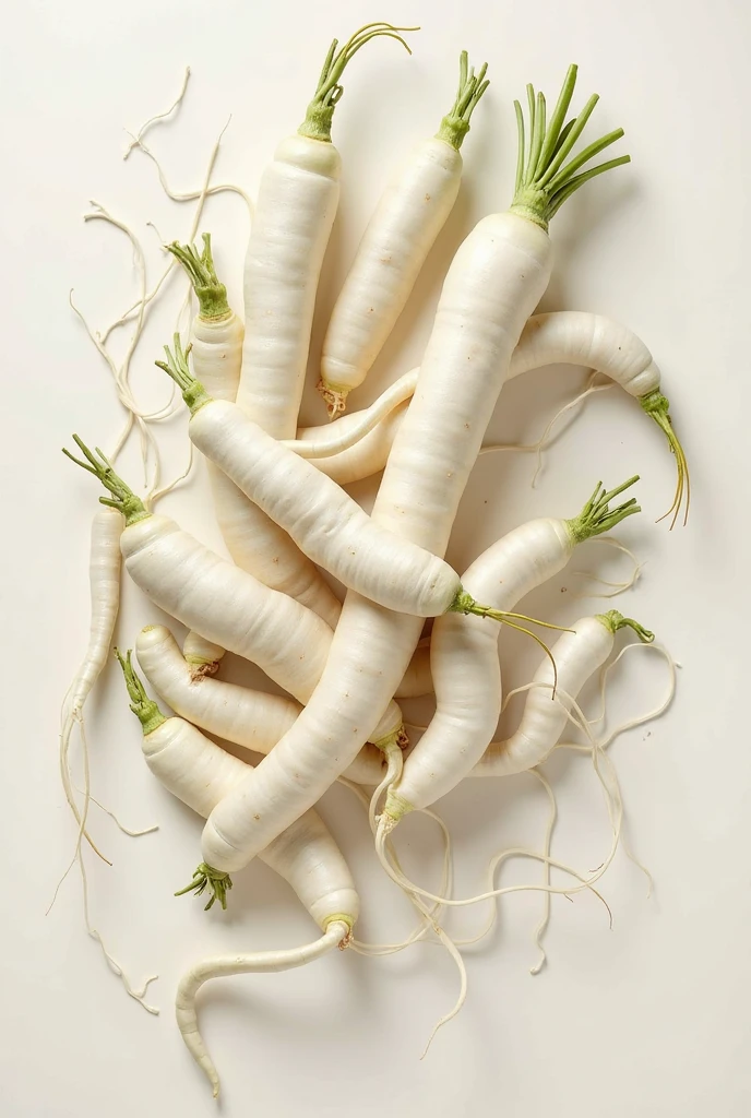 there are two white radishes with green leaves on the ground, Crisp detailss, Perfect refreshing sunshine, Rich details, Crisp and sharp, Soft light, Warm light, Perfectly crisp light, esthetic photo, Close-up photosgraph, radishes毛, Root system, Height Rendering, Crisp details, Close-up photos, Organic matter, radishes, Paul Batson, Superior quality, High-quality photos