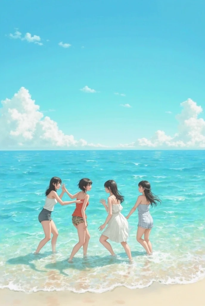 Four girls in plain white boyfriend shirts and cute underwear、barefoot、Light blue underwear with ribbon、Light yellow cute underwear、Cherry blossom and white polka dot underwear、Standing posture、Sandy beach, beautiful sea and blue sky