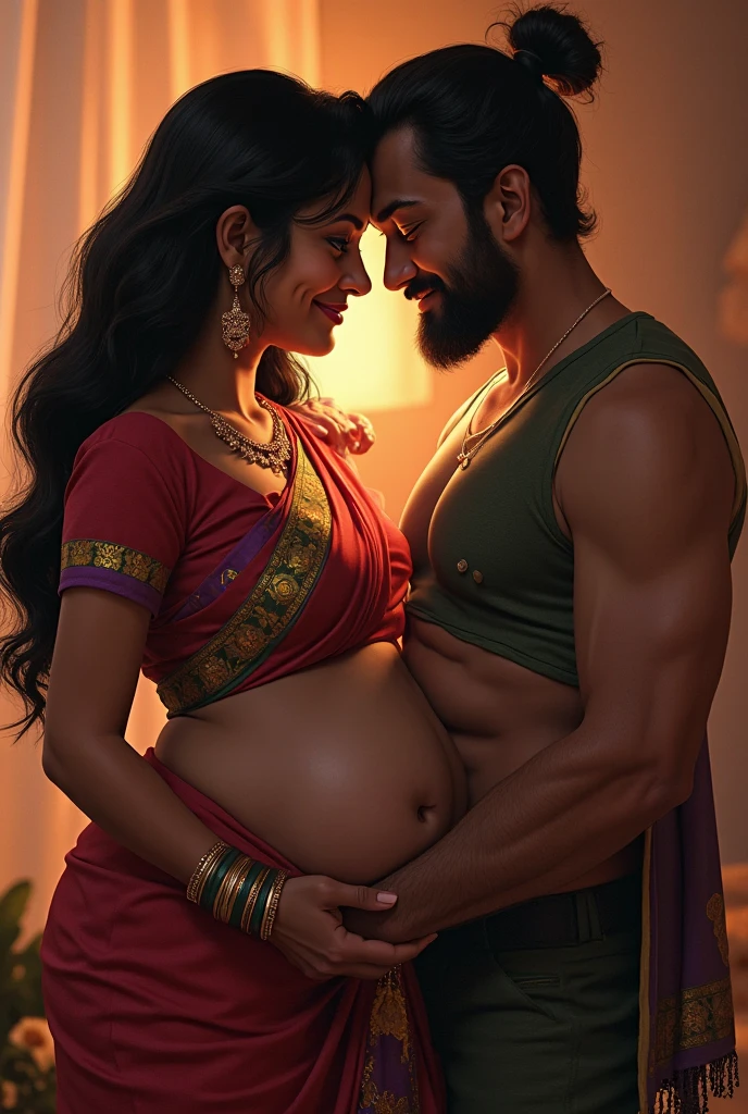 Young muscular Hindu pandit, white skin pregnant muslim women wearing hijab holding a baby, together doing kissing infront of Pakistan flag