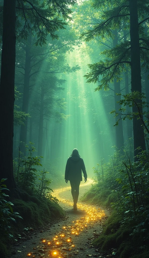 A person walking alone on a glowing forest path, light from above ...
