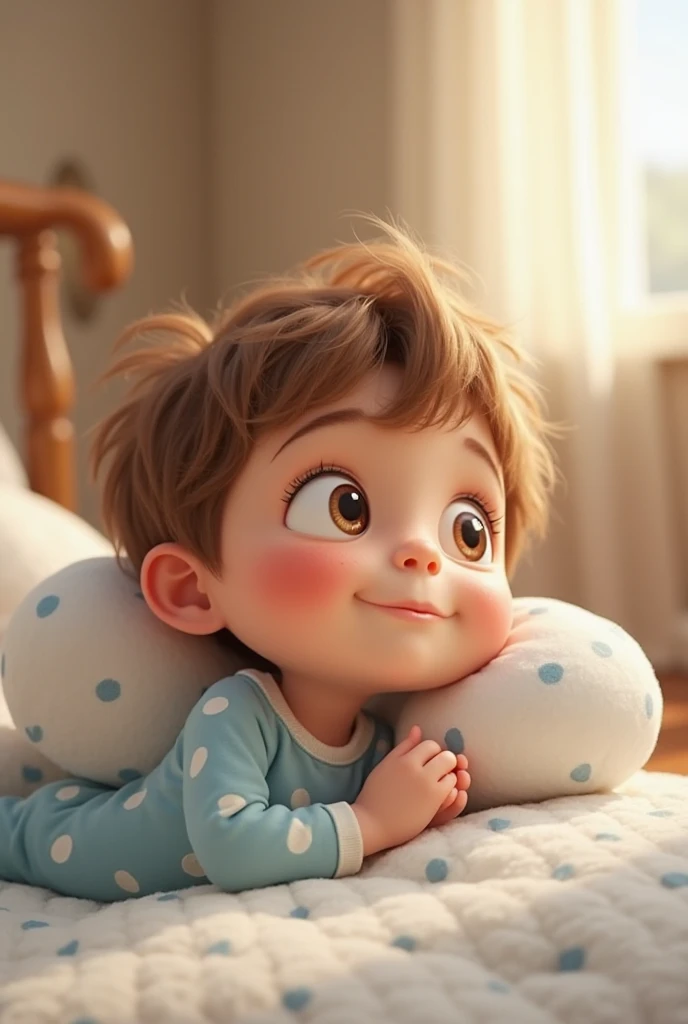Generate in cinematic 3d cartoon style The child slowly opening his eyes with a soft smile, indicating a miraculous recovery.