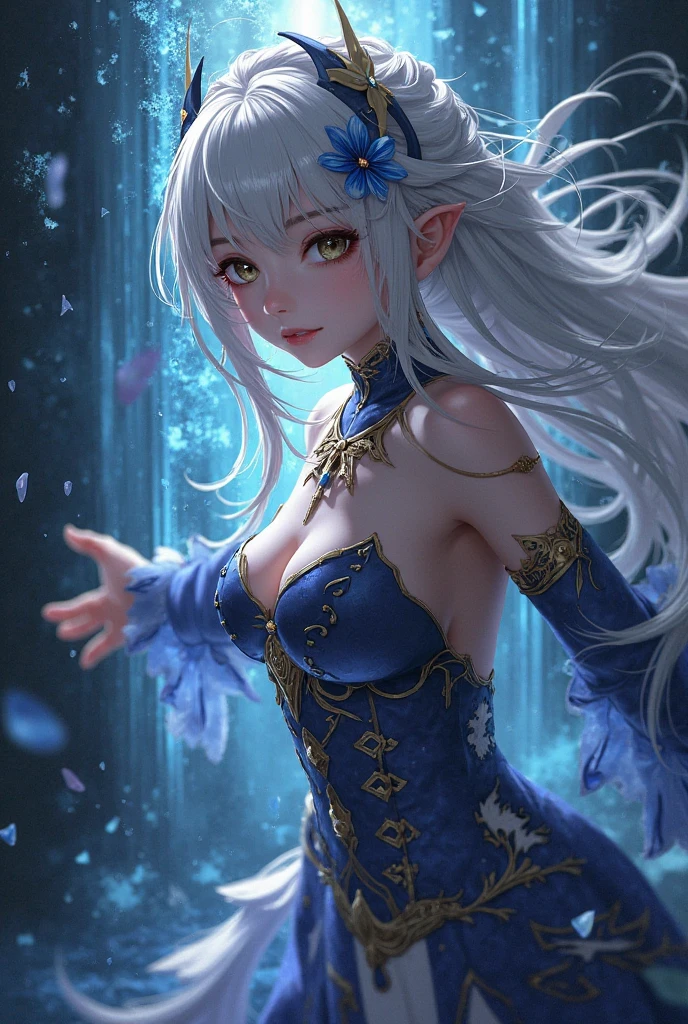 (1/2 photos:1.5)wood, Exquisite mini ice spikes and crystals, A frozen waterfall in the background, Light reflected by ice crystals, Flowing snowflakes.1 girl、pretty girl,A realistic person,((small breasts)),Thin legs、Tight waist、standing