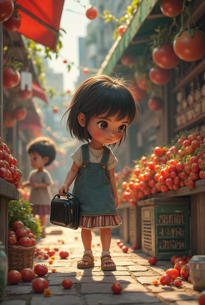 A lively market, a cute child carrying a school bag is visiting the market, on the left and right are lively stalls, summer brisk colors, colorful colors, summer lively market, market background, overhead lens, fisheye lens, curved architecture, depth of field effect, game scene, do not appear other characters except the little boy