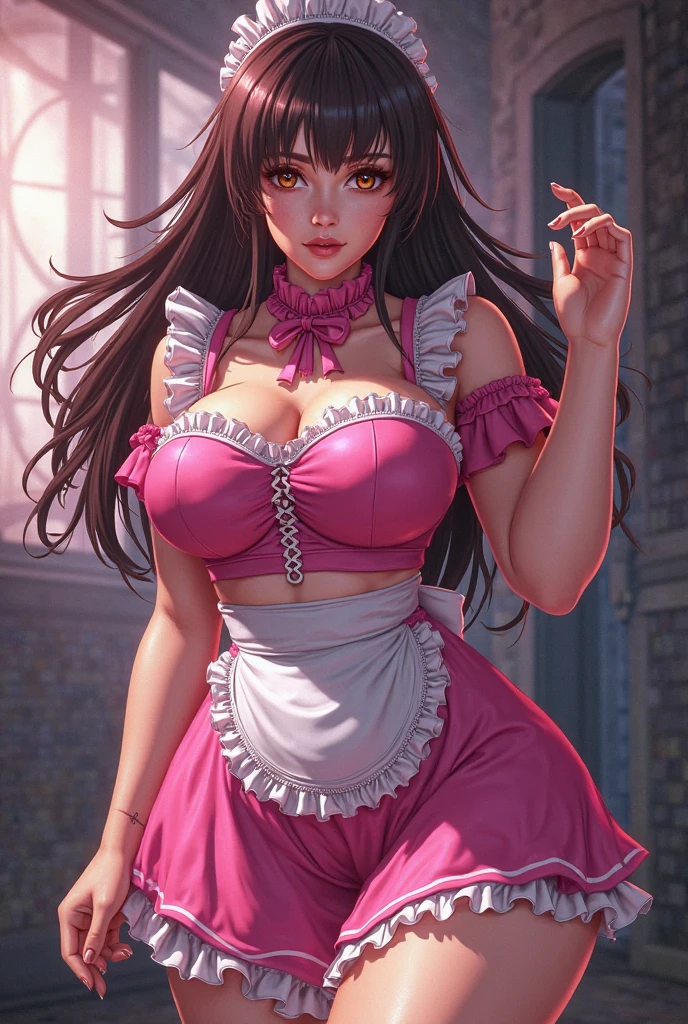 top-quality、tmasterpiece、Very high resolution、super high image quality、High-quality pixels)、perfect eyes, perfect face, perfect body figure,solo,8K, large breast,(Detailed description of hair), (Detailed description of face),(Detailed description of body), fair and clear skin, matchless beauty, long legged, long pink hair,ssmile,Jewelry Bonney,point red lip,blue eye, maid costume, cute face, large eye