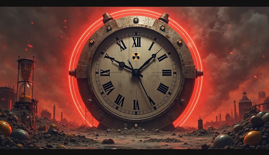 Melting clock marking 11 o'clock in foreground, atomic explosion in the background --auto