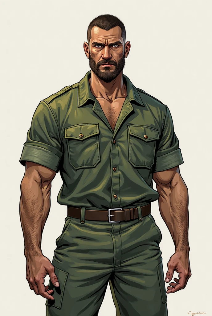 Illustration in Leyendecker style: full-length drawing shirtless Sean Strong - 29, 6'1", 205 lbs, cos, similar to Henry Cavill, but a face like Tom Hardy for inspiration, beutiful, but not model material, Dark Brown Hair, Almost black pool of eyes, Constant five-hour shadow, pouty lips, marine, MARSOC Artillery Sergeant, Head of the Operations Department of Divisions, wounded while escorting Iraqi security forces in north-central Iraq. Three GSWs (Cannon Gunshot wounds) Shattered middle of the left thigh, Shattered right clavicle, and the bullet touched the jawline on the right side of his face and tore off his right earlobe. At Pacific High School, San Bernardino, California, He had an A 3.7 GPA and was a quarterback on the football team. San Diego State University, He specialized in linguistics. He is fluent in Spanish, Arabian (Accent in Mesopotamian), and Gaeilge (Not offered at school, I studied it on my own) In honor of his ancestry. Played football for the San Diego State Aztecs for four years. After that, How he got his