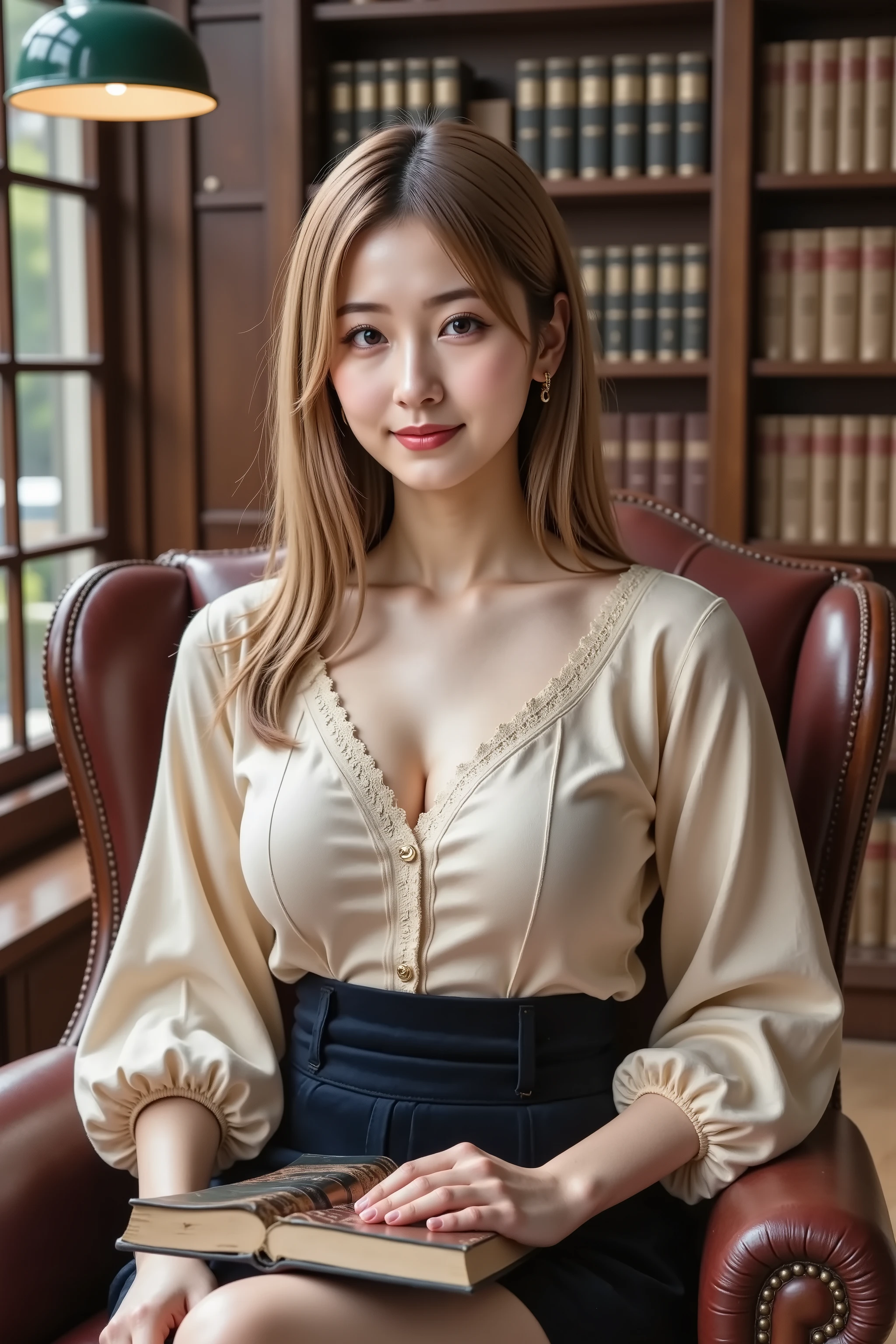 Catherine,hair styled in aplatinum blonde, gold hair, professional photography, masterpiece, high resolution, an upper body portrait of a 20-year-old studious Japanese woman with a gentle, knowing smail, seated in a plush leather armchair within a grand, old Western-style library. She has delicate Japanese facial features, a soft angular jawline, high cheekbones, a small refined nose, naturally arched eyebrows, and large, intelligent eyes with intricate iris patterns. Her skin is porcelain-smooth with a natural, soft glow from the lamplight, showing realistic texture with visible pores. Her long, straight hair is elegantly styled, with one side tucked behind her ear. She wears a vintage cream-colored silk blouse with a delicate lace V-neck collar, which drapes beautifully over her voluptuous, ample bust to reveal a tasteful, deep cleavage, paired with a dark velvet mini skirt. She has an old, leather-bound book open on her lap. The composition is a professional portrait, aspect ratio 2:3, evoking a sense of calm and intellect. Shot on a Canon EOS R5 with an 85mm lens at f/2.5, ISO 600, and 1/125s shutter speed, creating a beautiful shallow depth of field that blurs the towering shelves of books behind her. The lighting is warm and atmospheric, coming from a single green-shaded banker's lamp on a nearby desk, casting a soft, golden light on her and creating long, gentle shadows in the room. The color palette is warm and muted, with rich browns, deep reds, and golden tones. The level of detail is hyperrealistic, capturing the intricate lace pattern of her blouse, the cracked texture of the leather chair, the gilded lettering on the book's spine, and authentic, microscopic skin detail. The mood is quiet, intellectual, nostalgic, and an authentic moment of peaceful solitude.