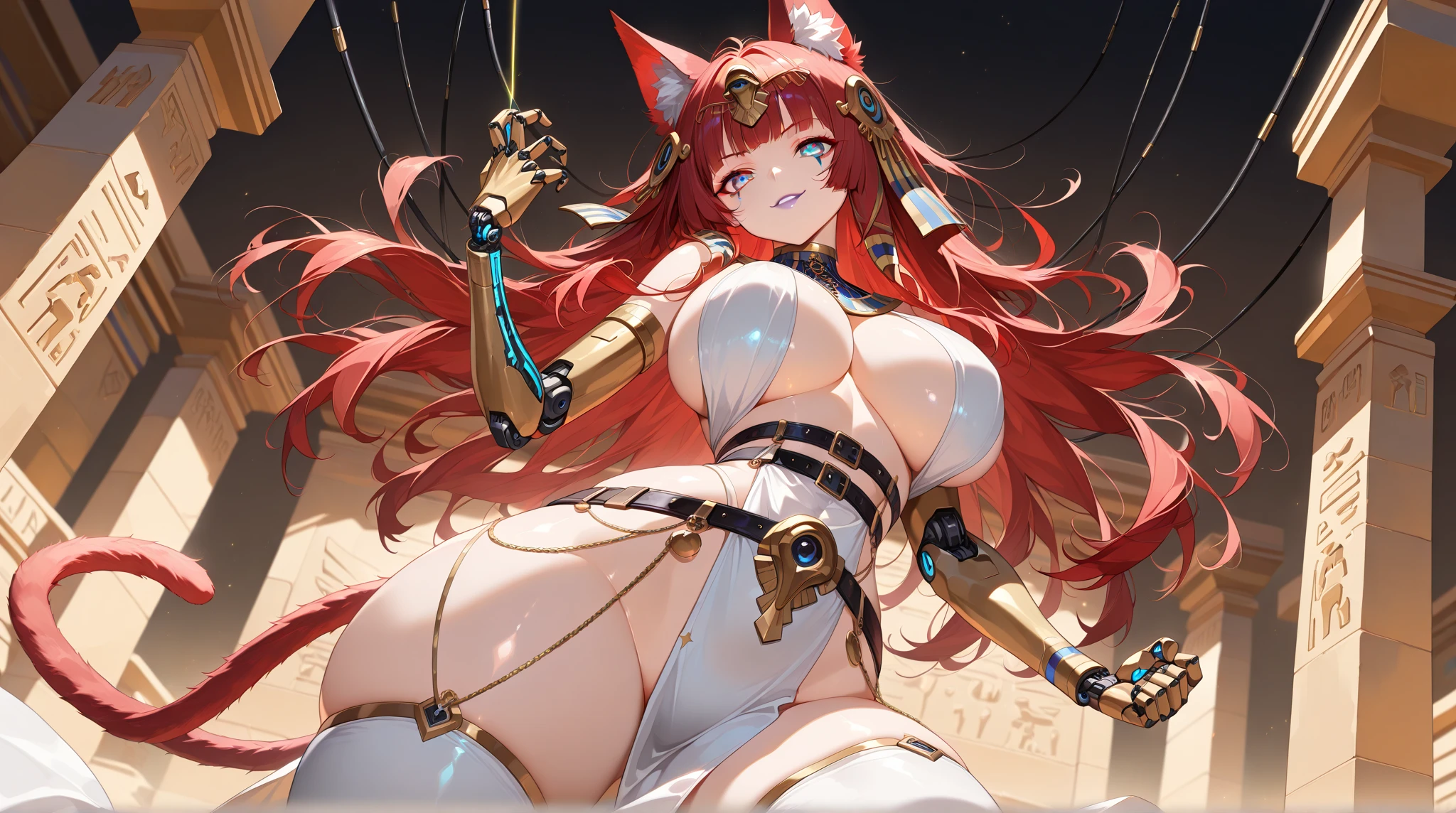 top quality, best quality, High-quality illustrations, masterpiece, shading, light)(kemono, furry anthro, alone), 1 female, Naga, scales, hourglass body, big breasts, perfect eyes, goddess clothes ornamented with chains, posing for the view, joy expression