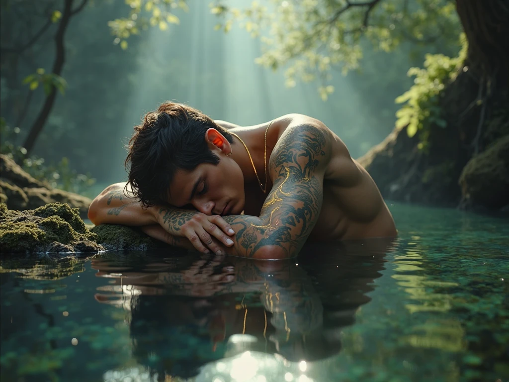 there is a man with tattoos on his body and a flower in his hand, album art, realism art, sitting on his throne underwater, portada de until, estilo de until realismo, album, until realista, Arte oficialwork, realism artistic style, music album art, by Adam Dario Keel, until 