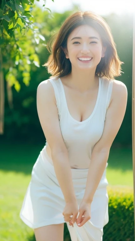 ((最high quality, 8k, masterpiece: 1.3)), (close:0.75), Realistic, Sharp focus, high quality, High resolution, Japanese women、48 years old、Middle-aged mature woman face、Chubby body type、Her breasts are huge, measuring 40 inches. {Sleeveless wear}, ((Very strong sunlight)), smile, Red hair bun hair,自宅の庭でカメラに向かいsmile、Upper body image、smileのアップ8K画像、