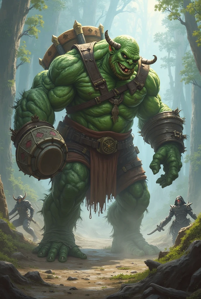 Grok is a robust and muscular goblin, with lighter green skin and scars from past battles. His eyes glow with constant fury, and he wears makeshift skin armor and uses a giant's axe.