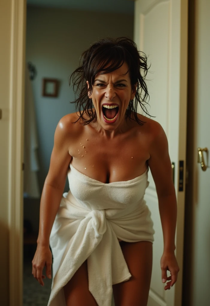 55-year-old woman with messy auburn hair, seductive gaze, green eyes, some wrinkles on her face, 8k, detailed background, utlra realistic, realism, exta realistic, wrinkles on body, random sexy pose, evening time, dark outside, NSFW, tight tanktop, fog outside the window, sitting on the fl, (thick body:1.2), (large breasts:1.3), white bra, looking at viewer from below, seductive smirk, teeth indoors,soft lighting, extreme detail, hdr, short hair, irish, ((freckles:1.2)), (erotic pose:1.6), (wide hips:1.3), (55 years old:1.6), mature, old, skin wrinkles, (screaming orgasm:1.7)