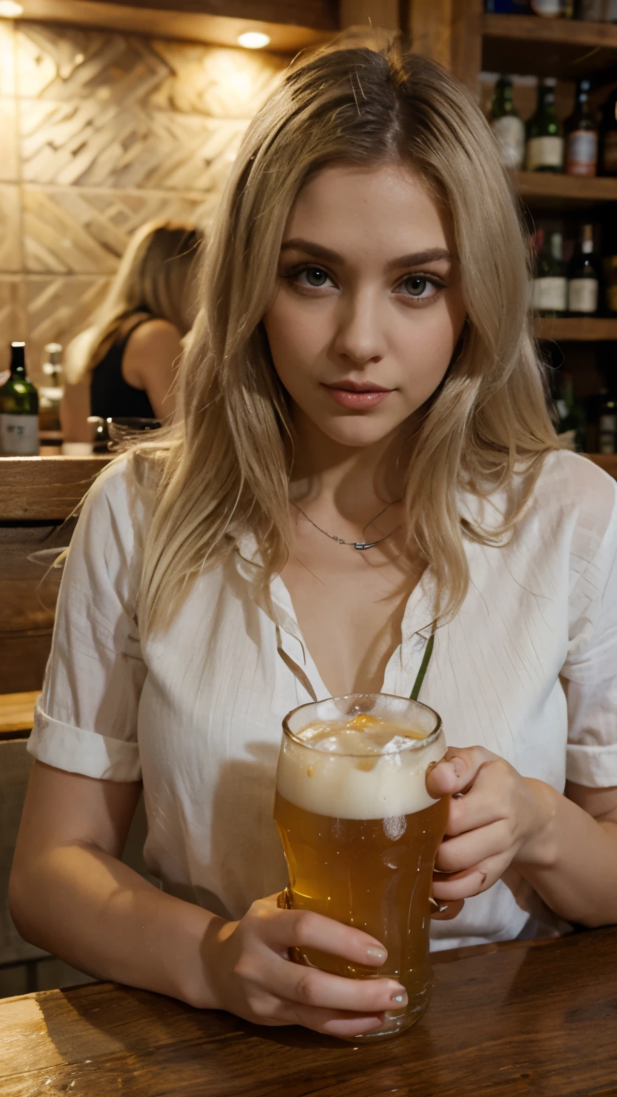 masterpiece, best quality, extremely detailed, hyperrealistic, photorealistic, a beautiful 15yo french model, at bar, drinking:1.1, pink t-shirt:1.2, ultra detailed face, wavy hair, blonde hair, pale skin, busty breasts, smiling