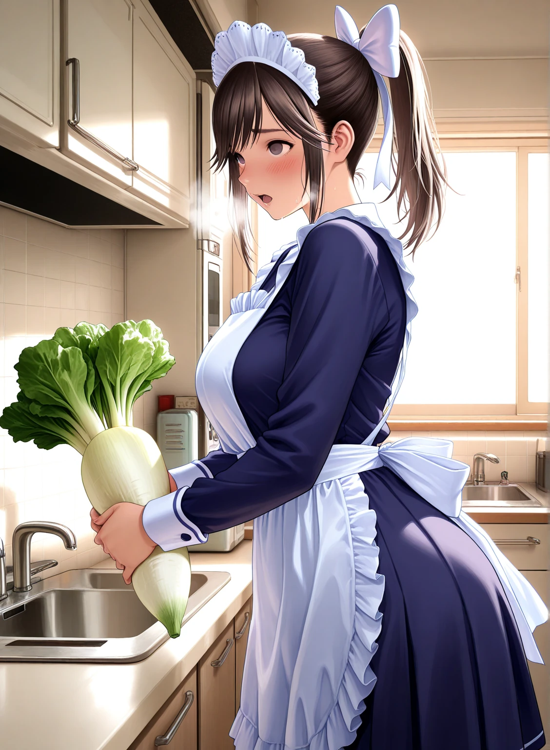 score_9,score_8_up,score_7_up,masterpiece,best quality, source anime, photorealistic, hyperrealistic, 8k,photo,raw,super detailed, extreme detailed, rating_explicit,
1girl, waitress, standing, both hands on the table, 1man, hetero, (sex from behind:1.3), (vaginal penis), spanking,
(naked faceless male behind her),
BREAK girl, shouko nishimiya, 18yo, long hair, pink brown hair, bangs between eyes, brown eyes, (large breasts:0.9),
shiny hair, beautiful detailed eyes, beautiful face,
(frilled orange waitress uniform:1.3), headdress, bottomless, pussy juice,
embarrassed, blush, frown, crying, (intense orgasm:1.1),
at modern cafe, Calm mood lighting