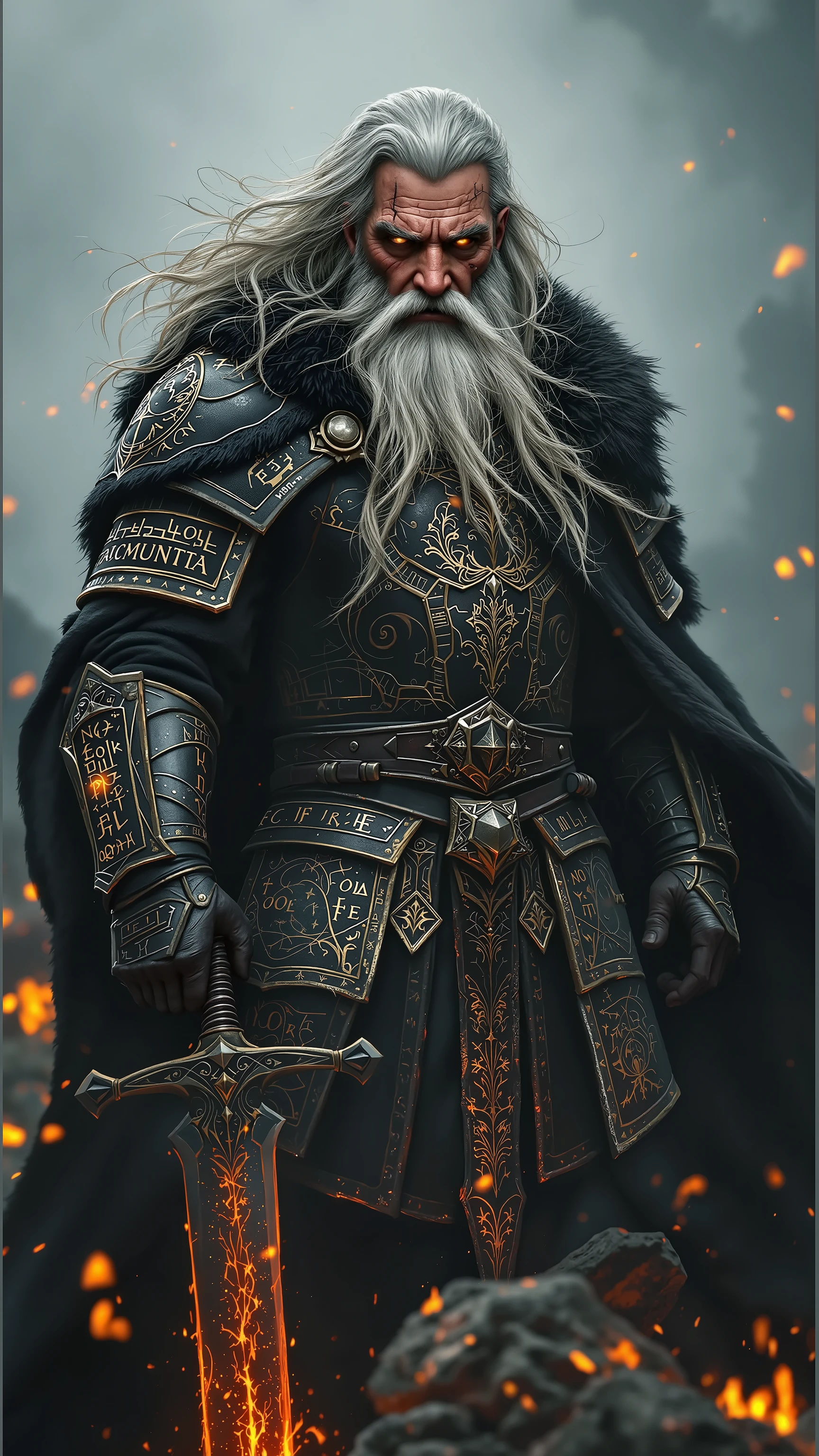 A powerful, battle-hardened elder warrior stands amidst the embers of a fading battlefield. His long, silver hair flows wildly, partially covering his weathered face, etched with deep scars that tell of countless battles. His piercing eyes burn with wisdom and unrelenting determination. His thick beard, streaked with gray, adds to his formidable presence.