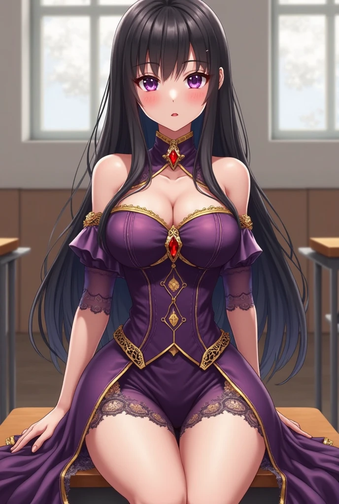 masterpiece, best quality, <lora:moelily-nvwls-v1-000009:0.8> moeLily, green eyes, low ponytail, long hair, black and purple dress, cleavage cutout, pelvic curtain, arm guards, garter straps, purple thighhighs, (huge breasts:0.8), looking at viewer, smile, looking at viewer, hallway, hand on hip