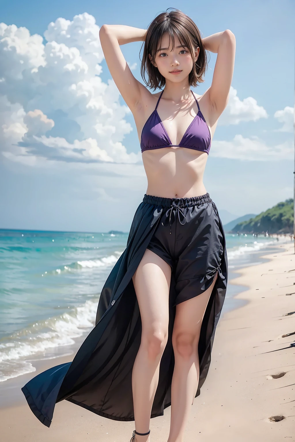 (Japanese idol, 1 girl, unparalleled beauty, close your eyes, smile, small face, perfect style, Body based on human mechanics, Raw photo, real person:1.4) photograph, (professional lighting), (((highly detailed eyes and face))), ((double eyelids)), (Tits sharp focus:1.4), (black hair, ponytail, elegant light makeup, eyeliner, mascara:1.4), huge , shiny skin, 20-year-old, ((slim body, slender)), (Hands behind your back, micro bikini, I can see the cleavage, mini skirt, walk in shallow sea, Beautiful leg lines, Tifa Lockhart lookalike:1.4), attractive face, NSFW, ,