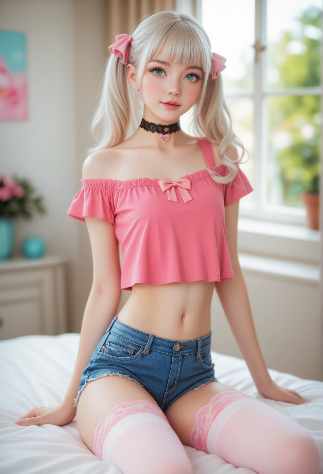 a blonde, slavic features, blue eyes, posing, wearing a pink barbie outfit, pigtails
