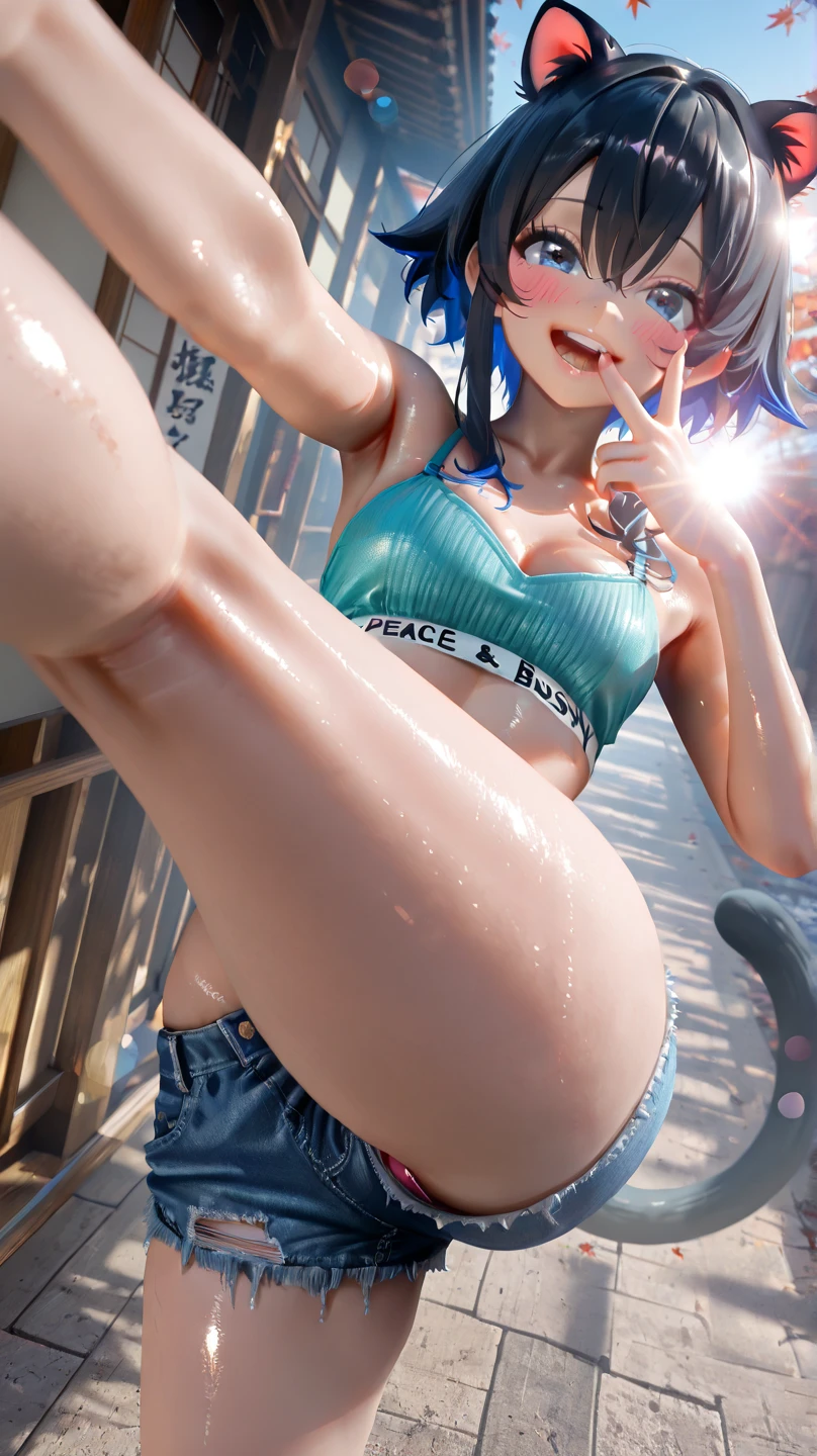 On a spring morning，Sunlight shines through the clouds on the clear blue sea，Sparkling。A working woman standing by the sea，She has a flawless face，The facial features are delicate and moving。The big watery eyes reveal an innocent and cute look，She playfully spat out her red tongue，As if playing trick-or-treating with the world。
She wears a pair of rabbit ears，It forms a perfect match with short hair and blue hair color。Qi bangs fell in front of his forehead，The high ponytail exudes playful vitality。She wears a simple T-shirt，Show her youth and vigor。
She wears a see-through outfit，The black leggings fit her slender figure tightly，Outline the perfect curve。The slightly wet clothes set off her charming curves，It highlights her beauty even more。
She was barefoot，Step on the soft sand，She wore a pair of over-the-knee socks around her ankle，Added a touch of playfulness。She stands gracefully on the back of a dolphin，Ride lightly，Facing the viewer，As if to show the world her freedom and vitality。
A beautiful rainbow is painted in the sky，The colors of the rainbow complement her hair color。The waves of the sea and the beauty of the rainbow mingle，It creates a beautiful scene like a picture scroll。
Under natural light，and she smiling，Show her big smile。In this scene，Her cuteness and beauty are perfectly combined，It is impossible to look away。It's quite an artistic picture，Show the confidence and cuteness of women in the workplace to the fullest。