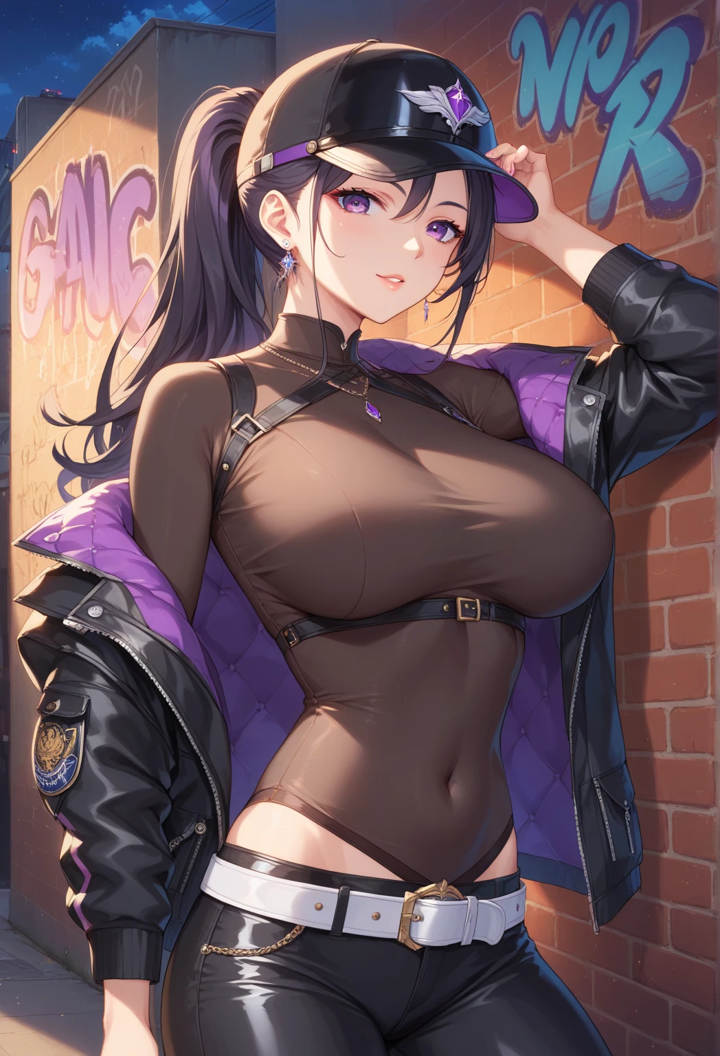 1 Girl,alone, Race Queen, Huge breasts, Cropped jacket, High leg bikini, Micro Shorts,Thigh Boots,, blush, Outdoor, road, Hands on hips, Purple Hair, Hair Clip, A slight frown, Parted lips,Heart Cutout, 1 Girl,, Crotch cutout, Crotchless, No underwear, Pussy,alone ,, Large Breasts, blush,Cleavage,ponytail、