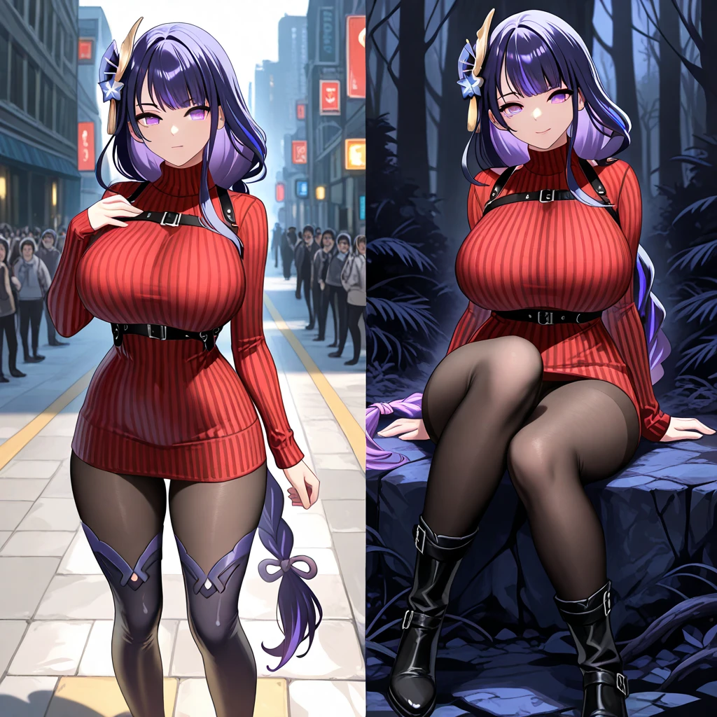 one woman, wolf girl, wolf ears, wolf tail, violet hair, firm body, thick thighs, very massive breasts, baggy clothes, sfw, sexy, full body, masterpiece, highly detailed, baggy clothes, short women, revealing clothes