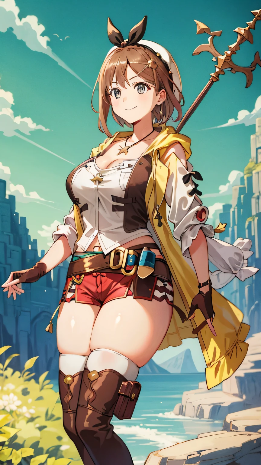 {{{masterpiece}}}, (best quality:1.5), (ultra-detailed:1.5), {illustration}, {{an extremely delicate and beautiful}}, (beautiful detailed eyes:1.6), absurdres, highres, extremely detailed face, 16k, hd, visual anime de uma jovem mulher, extremamente bonito rosto de anime, anime melhor garota, (perfect hands, perfect anatomy), (five fingers:1.3) anime face, Reisalin Stout, ryza, 1girl, solo, cute face, head ribbon, brown hair, short hair, hair ornament, hairclip, brown eyes, big eyes, large breasts, plump thighs, big hips, curvaceous, BREAK, hat, white headwear, (1stDefault:1.3), First Clothing, white sleeveless, collarbone, cleavage, leather, yellow jacket, open Jacket, brown gloves, single glove, leather gloves, jewelry, necklace, star necklace, star (symbol), leather belt, brown belt, blue tool belt, flask, test tube, navel, thigh pouch, (red shorts:1.3), thighhighs, bridal legwear, white thighhighs, thigh boots, brown footwear, toeless footwear, thighs, thighs, zettai ryouiki, BREAK, cute face, smiling, standing, legs apart, polearm, weapon, holding weapon, holding, staff, holding staff, outdoor, daytime, solar, rock, mountain, forest, desert, sky, lake, look the sky, look up, (bust shot:1.3), from side, from below, thigh focus