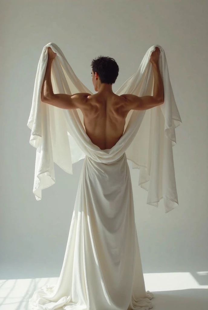Semi-muscular man with white skin and brown hair covered only by a wet sheet