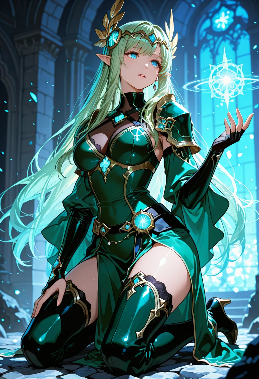 A fantasy anime-style female character with long, flowing light green hair and cat-like ears combined with elf-like pointed ears. She has bright blue eyes and a serious yet alluring expression. The character is wearing minimal armor, including a small chest piece with intricate, mystical designs, and a tiny thong, with black arm sleeves extending up to her elbows. She stands in a dynamic, confident pose, her body angled towards the viewer. The background is dark and magical, with swirling blue and light effects that highlight her figure, giving the scene a mystical, otherworldly atmosphere