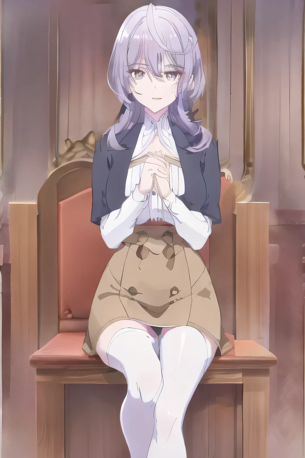 A woman with a lovely smileを描けますか, Can you draw a woman sitting on a chair,Legs open,I see my black panties,,A woman with a lovely smile,(brown hairショート)brown hair,Please draw an office lady, dark blue suit ,white blouse,dark blue tight miniskirt with crimson hair、Crimson Hair、Crimson Hair,big boobs,big boobsでもウエストが細い,,face is absolutely necessary,Alone, , accurate depiction of hands and feet ,,Big breastsと更にBig breastsを描いてください,cinematic lighting,high heels, Attractive 20 Year Old Woman , , , , Big breasts, thin waist , , ,face is absolutely necessary, accurate depiction of hands and feet , radish leg ,beautiful legs,