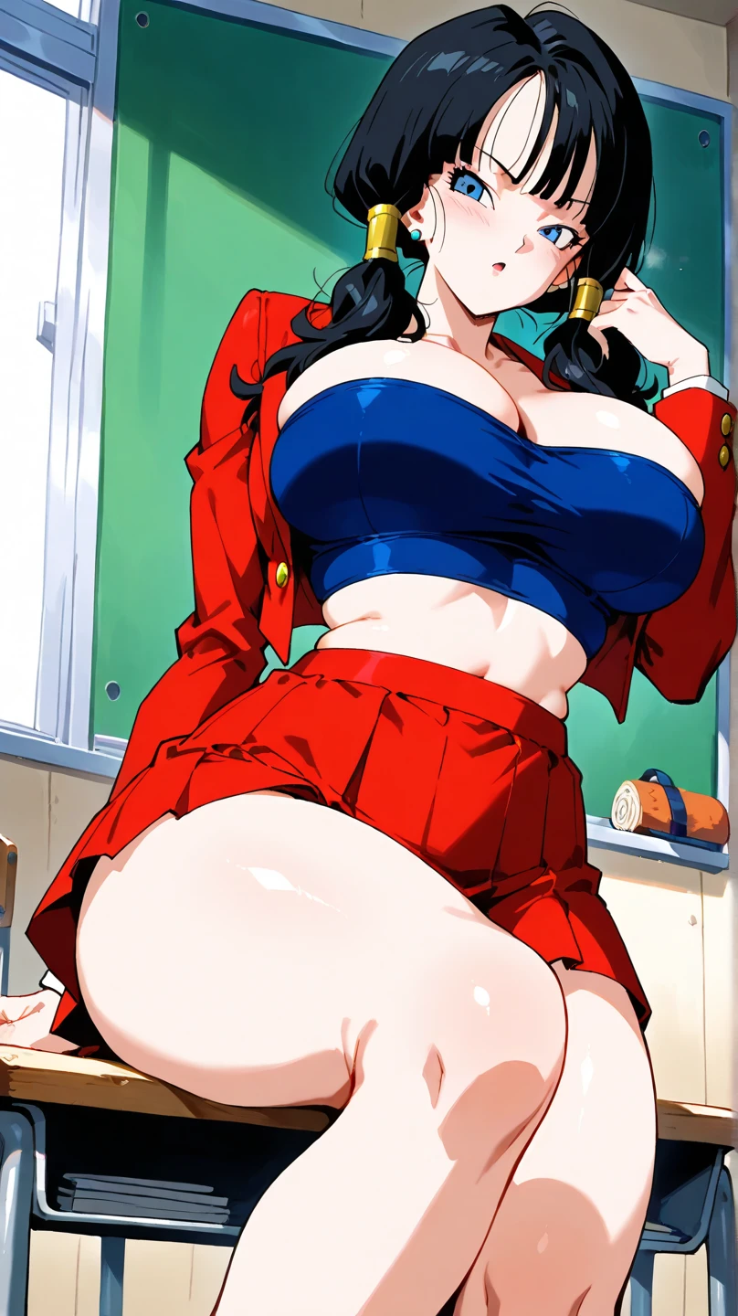 (top-quality、8K、32K、1girl in、Big breasts、perfect bodies、hyperdetailed face、Detailed lips、Thin Eyes、Torn dress、is standing、A smile、excited、The areol、in heat、sixteen years old、erectile nipple、look from down、Ultra Miniskirt、Torn costume、all-fours、Spread your legs、Show off panties、dynamicposes