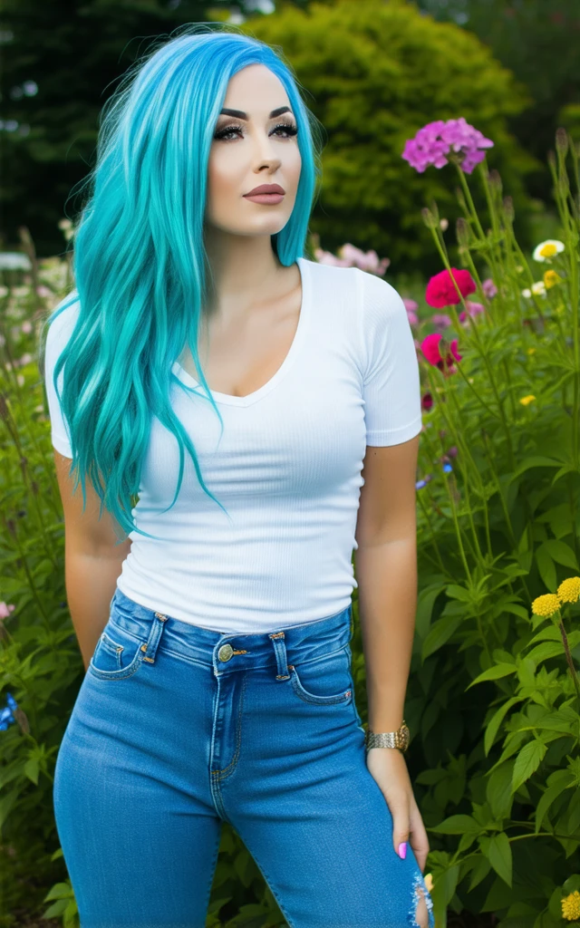 (8k, best quality, masterpiece:1.2, realistic:1.37, photorealism), close up, <lora:Maybe Baby v1.3 lite:0.7>, woman, blue hairs, (blue eyes:1.1), two ponytails hairstyle, denim shorts, behind back, cheerful, bend over, upper body, dynamic pose, dynamic angle, in flowers