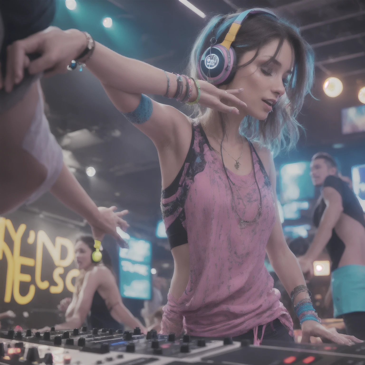 upper body, female dj, colorful clothes , quirky, vibrant appearance, playful accessories, creative behavior, imaginative, sensual, spontaneous, dj headphones, mixing console, music club, night club, indie theaters, people dancing on the dance floor background, underground danceclub, highest quality, skin texture, intricate details, (cinematic lighting), RAW photo, 8k