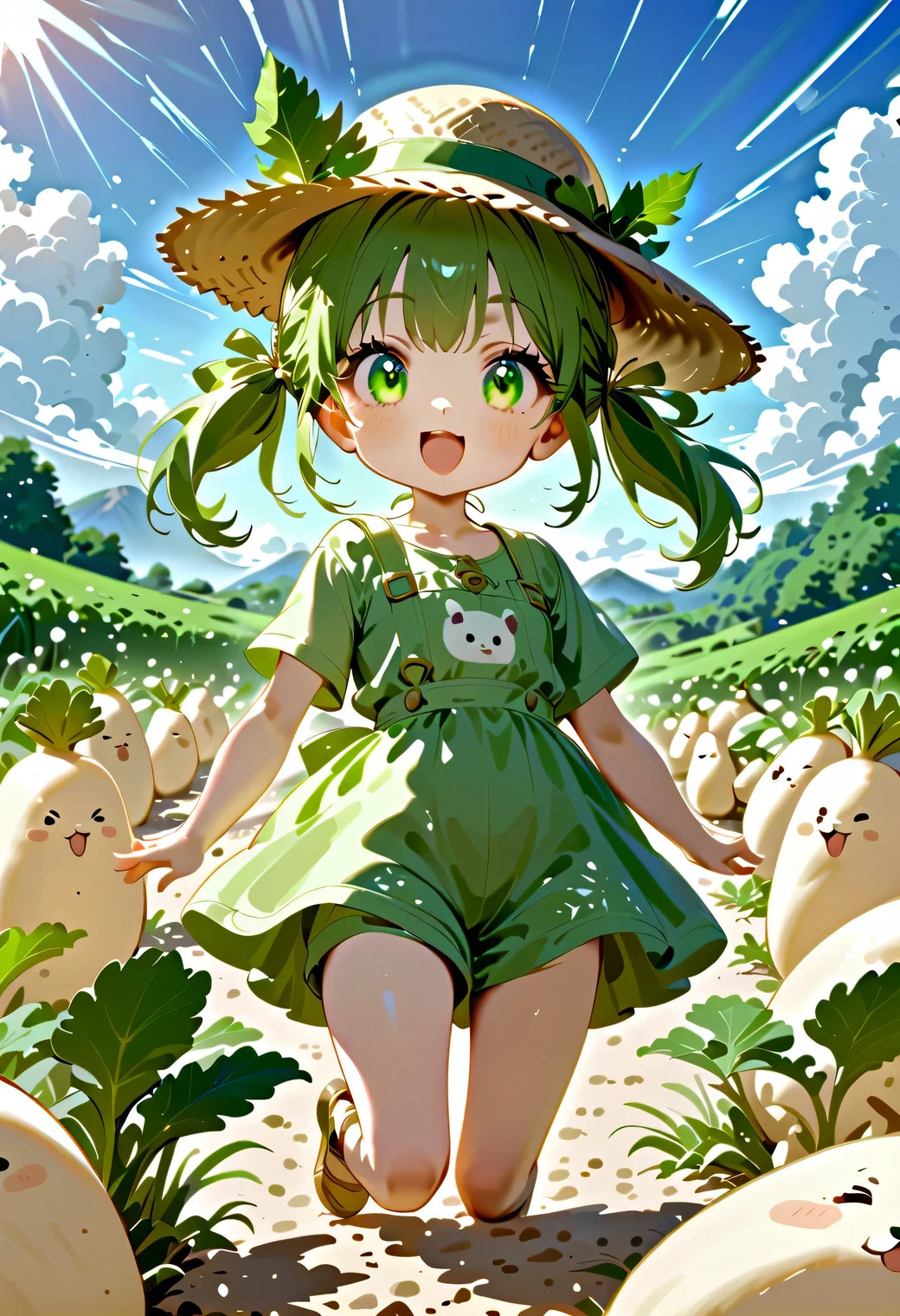DKG , cute, Tiny Characters, (( Daikon Leaves Grow))Straw Hat, Green Twin Tails . , mouth, surprised:1.2, Beautiful Blue Skies, daikon field background .glitter effects Radishes