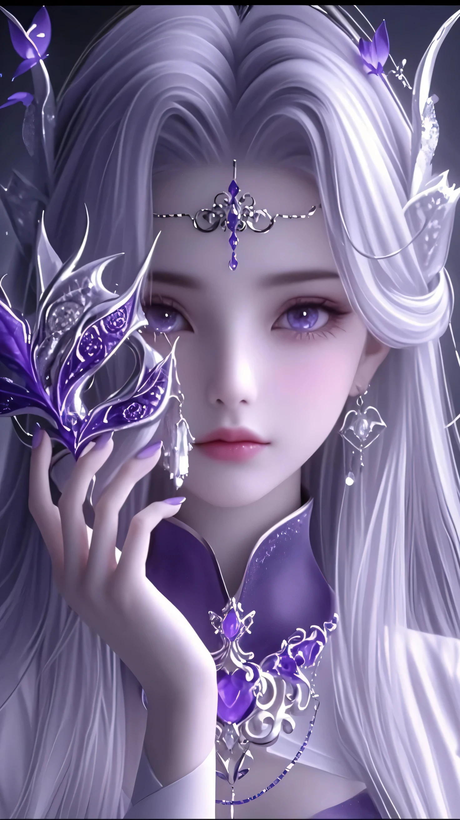 8k portrait of a beautiful queen with silver hair, intricate, elegant, highly detailed, majestic, digital photography, art by artgerm and ruan jia and greg rutkowski surreal painting of purple butterfly filigree, broken glass (masterpiece, side lighting, beautiful finely detailed eyes: 1.2), hdr