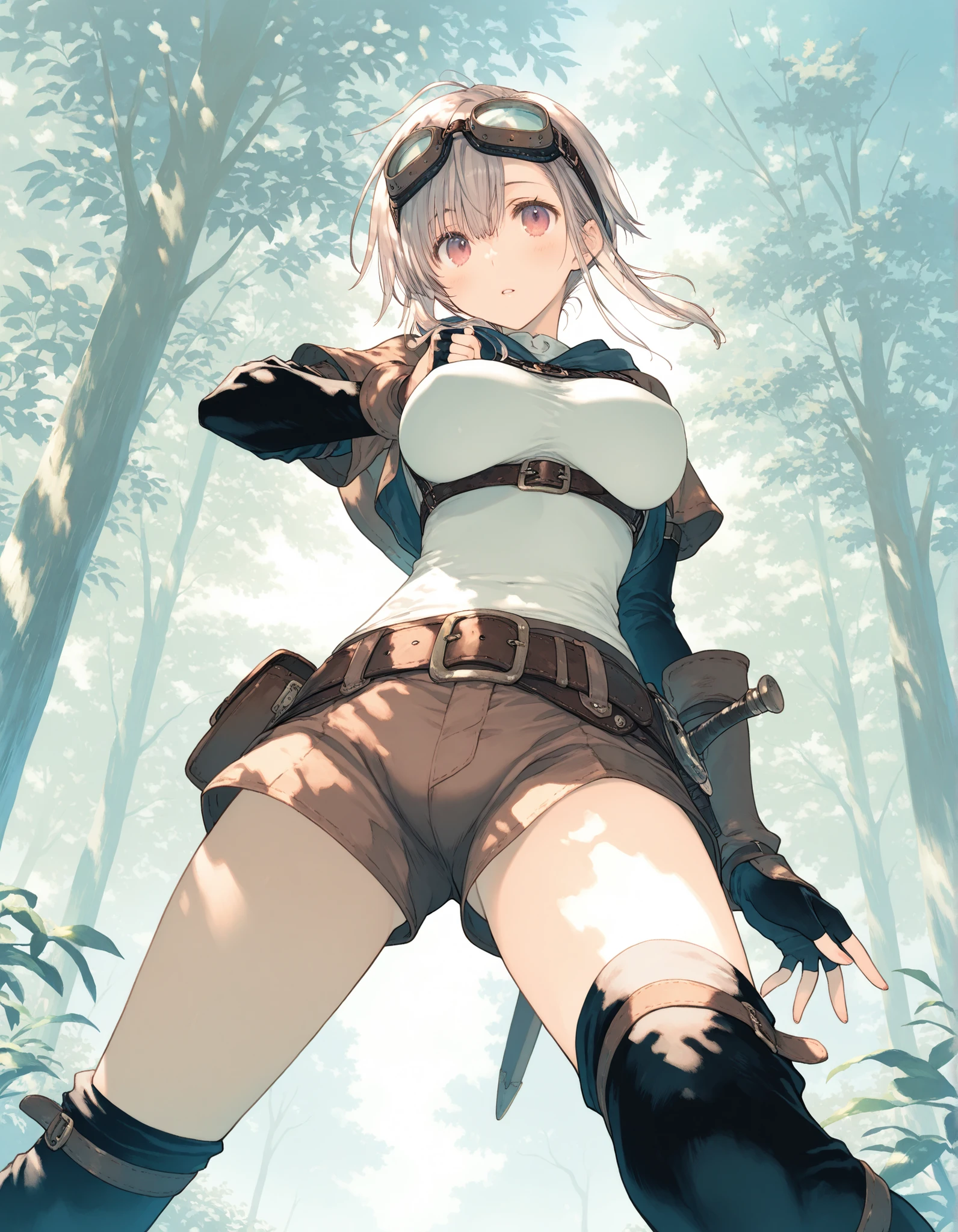 beautiful, masterpiece, Highest quality, anime, One girl, C Cup,Portrait Shot, View your viewers, Covered、Short Hair、nearby、Blue Eyes、art、、White hair,Blue streaked hair、hairpin、Cute smile、Thighs、Cute、blue sky、Beautiful breasts、Full Harness、valley、Sweat、Under Harness、Body Harness、Tightening、Penetration、white_Sci-fi combat uniform、white_Sci-fi underskirt、pierced、navel、whiteボディストッキング、Lying on your back、grass