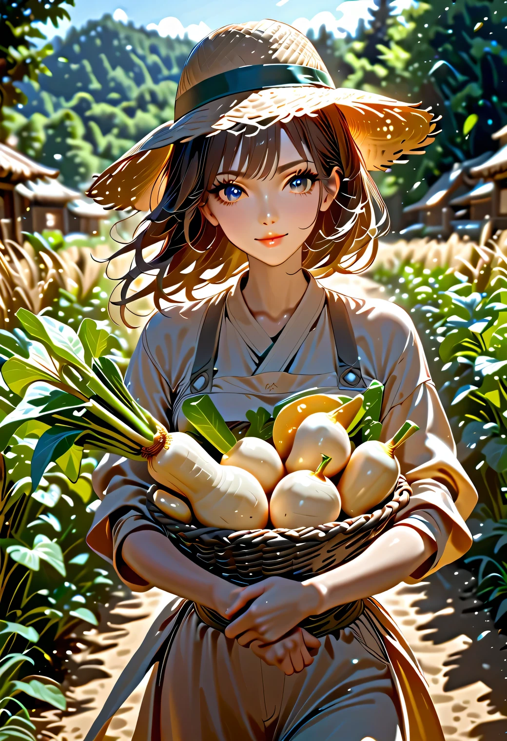 Woman holding a big white radish　farmer　Countryside　Straw Hat(dark haired)