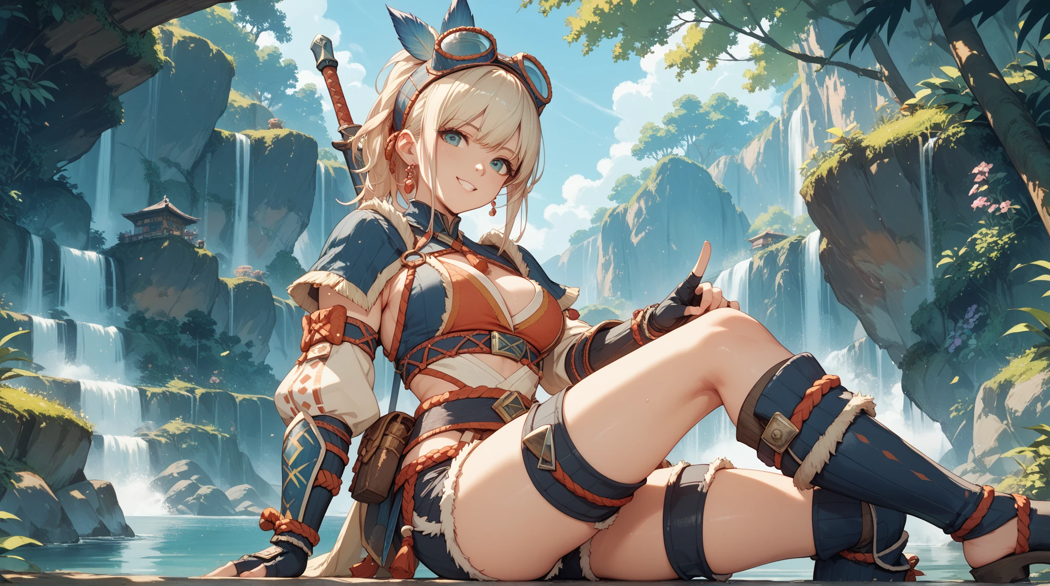 ((sharp details)), hi res, (8k), (absurd res), sharp focus, elegant, highly detailed, illustration, intricate, beautiful, trending on artstation, pixiv, digital art, in focus, 4k, (masterpiece, best quality:1.4), digital detailed realistic painting, (extreme detail), perfect digital art, ultra hd image, photorealistic, ultra unreal engine 5 render, ultra realistic, hdr, octane render, ray tracing, trending on pixiv, hi resolution, uhd, ultra high resolution image, top rated on artstation, top rated on pixiv, trending on CGSociety, photograph, (best illustration), (best shadow), UHD, professional, (extremely detailed CG unity 8k wallpaper:1.2), splash art, extremely detailed background, cinematic lighting, CG, wallpaper, high quality, high-definition, HD, highly detailed, anime movie background, official art, cinematic location design, a awe-inspiring digital oil painting, (safe), female, ((extremely detailed perfectly drawn forest:1.4)), at sunset, outside, (sitting on a cliff edge), scan, (highres:1.2), (best quality:1.2), (ultra-detailed:1.2), (illustration:0.4), solo, solo female, (perfect clothes), (extremely highly detailed perfectly drawn clothes:1.2), Tristana \(league of legends\), league of legends, goggles, goggles on head, gloves, navel, jewelry, earrings, fingerless gloves, elbow gloves, belt, green pants, crop top arm sleeves, grenade belt, toeless legwear, (solo), (1 girl), (solo female), looking at viewer, (blue skin:1.2), smug smile, wearing bikini