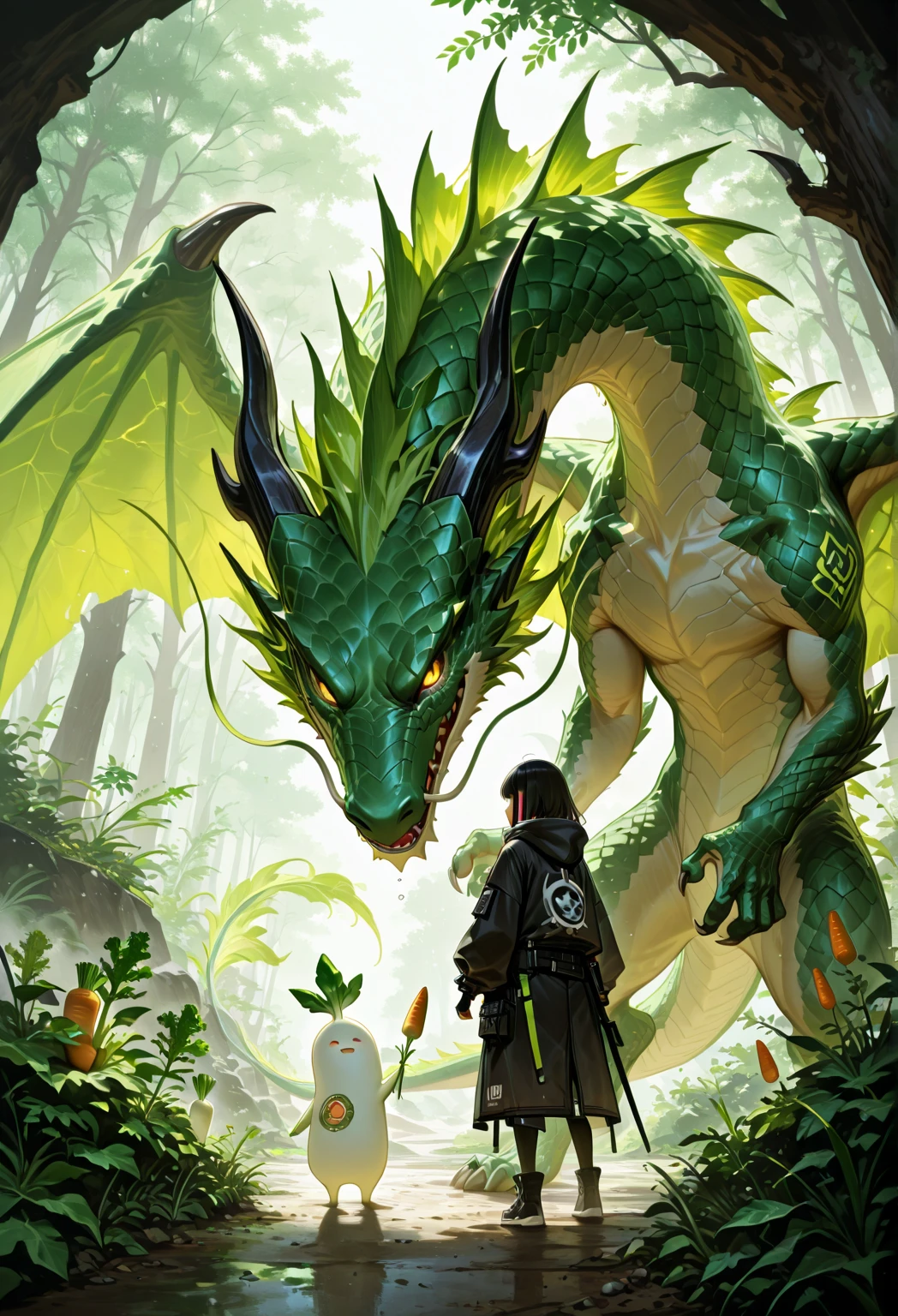 (masterpiece:1.4, best quality:1.4), Craft an enchanting anime-style artwork depicting a mesmerizing moment between a little boy and a majestic dragon. The scene captures both the wonder and the magical connection between them.
- Characters: The little boy is portrayed as an adventurous and curious young soul, with wide, awe-filled eyes and anime-style exaggerated expressions. He wears a simple, colorful outfit that reflects his youthful innocence. The dragon, large and imposing yet gentle in demeanor, is intricately detailed with shimmering scales and wise, knowing eyes that glow softly.
- Setting: Set this magical encounter in a lush, mystical forest clearing that enhances the fantastical elements of the story. The forest is rich with vibrant greenery, ancient trees, and dappled sunlight that filters through the leaves, casting intricate shadows and illuminating the scene with a magical ambiance.
- Activity: Illustrate the moment the boy first lays eyes on the dragon. The dragon, perched regally upon a massive stone or amidst towering trees, bends its head down to meet the boy’s gaze. The boy stands still, a mixture of amazement and joy on his face, reaching out a tentative hand towards the creature.
- Props and Details: Include whimsical elements like glowing flowers, floating lights, or small mythical creatures peeking from behind the trees to enrich the scene. The dragon might have subtle elements of magic, such as faint wisps of smoke drifting from its nostrils or a slight shimmer around its wings.
- Atmosphere: The atmosphere should convey a sense of wonder and magic, with a touch of suspense and awe. Despite the dragon’s imposing size, the interaction is gentle and friendly, showcasing a moment of connection and understanding between different beings.
- Color Palette: Use a palette that combines the natural greens and browns of the forest with the mystical colors of the dragon, such as deep blues, purples, or vibrant reds/.