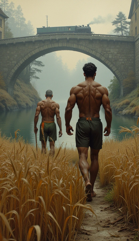 Two muscular fit shirtless boys standing in deep pond water kissing. Wet hair and dripping bodies. Wearing short speedos. Shirtless. City background. Handsome faces, black short hair. Homoerotic scene. Mud on body.