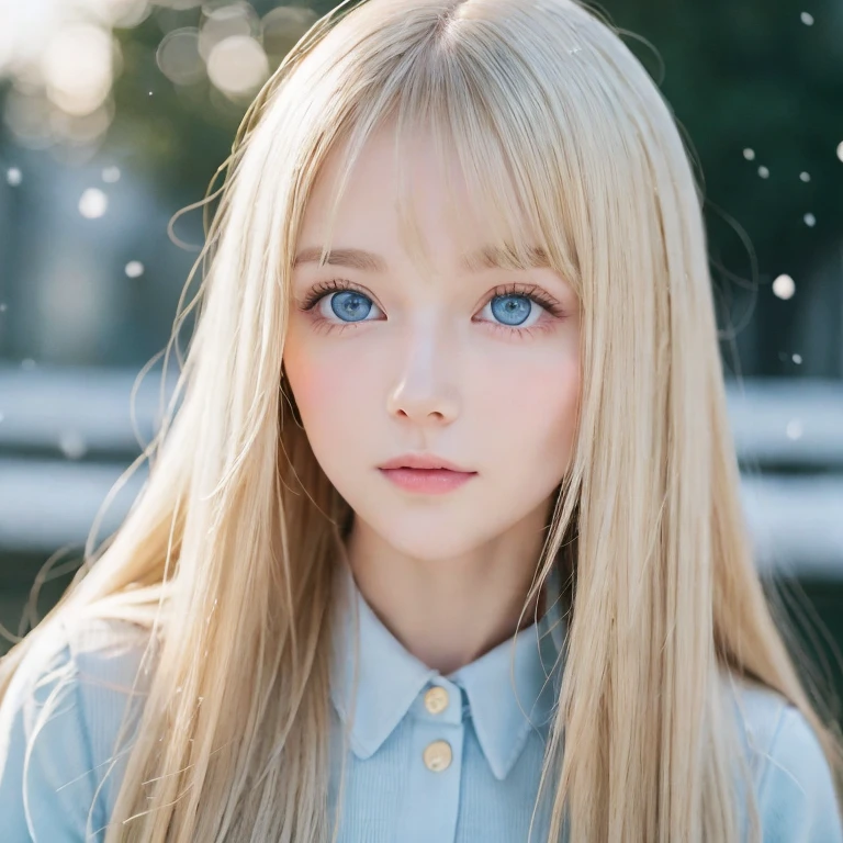 bianca, a 17 year old girl with delicate features. She has blonde hair and green eyes. Their skin is white as snow, and she exudes an air of grace and mystery. angry expression, wears a green sweater with a red scarf