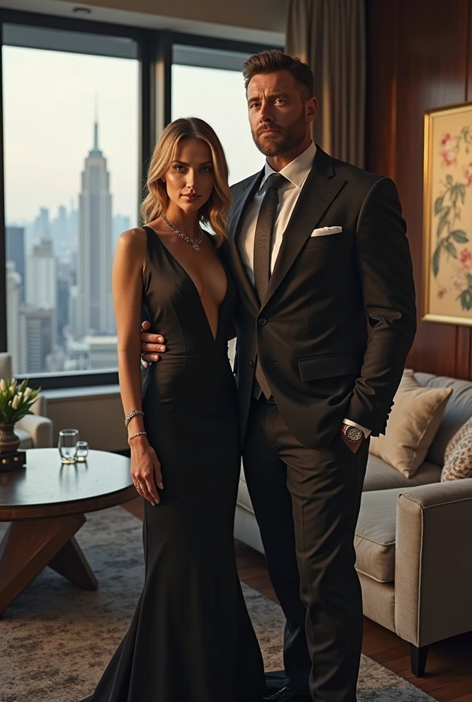 A full body night time photograph of a married couple attending a Hollywood gala. The woman is a fit, large breasted, slender, hourglass figure, Russian model with long ash blonde hair styled in old Hollywood glamour waves. Her husband is Josh Duhamel wearing a tuxedo, they are posing on the red carpet. She's wearing a black Vivienne Westwood fitted floor length gown featuring off the shoulder straps and Vivienne Westwood's signature corsetry in the bodice, her makeup is bold, ektar 100, 50mm, photorealistic, large format photo, hasselblad x1d, 