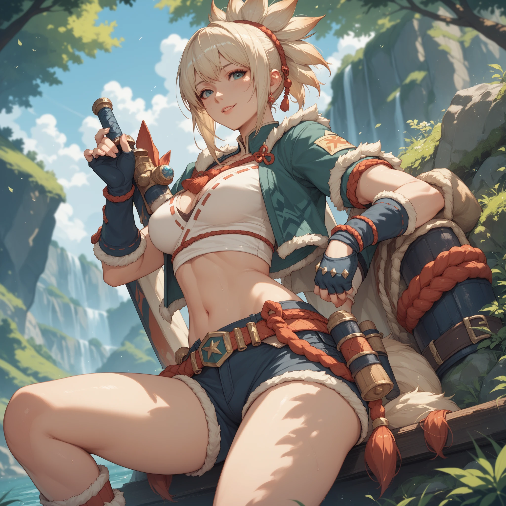 middle ages, Adventurer, 1girl, medium breasts, Long Hair, Silver Hair, ponytail, Hair tied up on the side, (dark skin), 24-years-old, standing,upper body, from below, Slanted eyes, Tension, Leather Breastplate, Leather shoulder pad, Cut on the cheek, Thick eyebrows, Long eyelashes, Curved waist, bare stomach, bare navel, Reverse-handed knife, Leather Gauntlets, outdoors, in the forest, noon, 