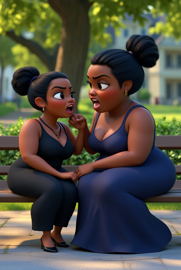  a black woman ,  looking 40 year old fat with black hair tied up,  in a dark black dress she is sitting on a bench  ,  has a fat black woman looking 40 years old in a dark blue dress and short hair tied up beating her , It's a fight to pull hair out , An unusual and chaotic angry face  