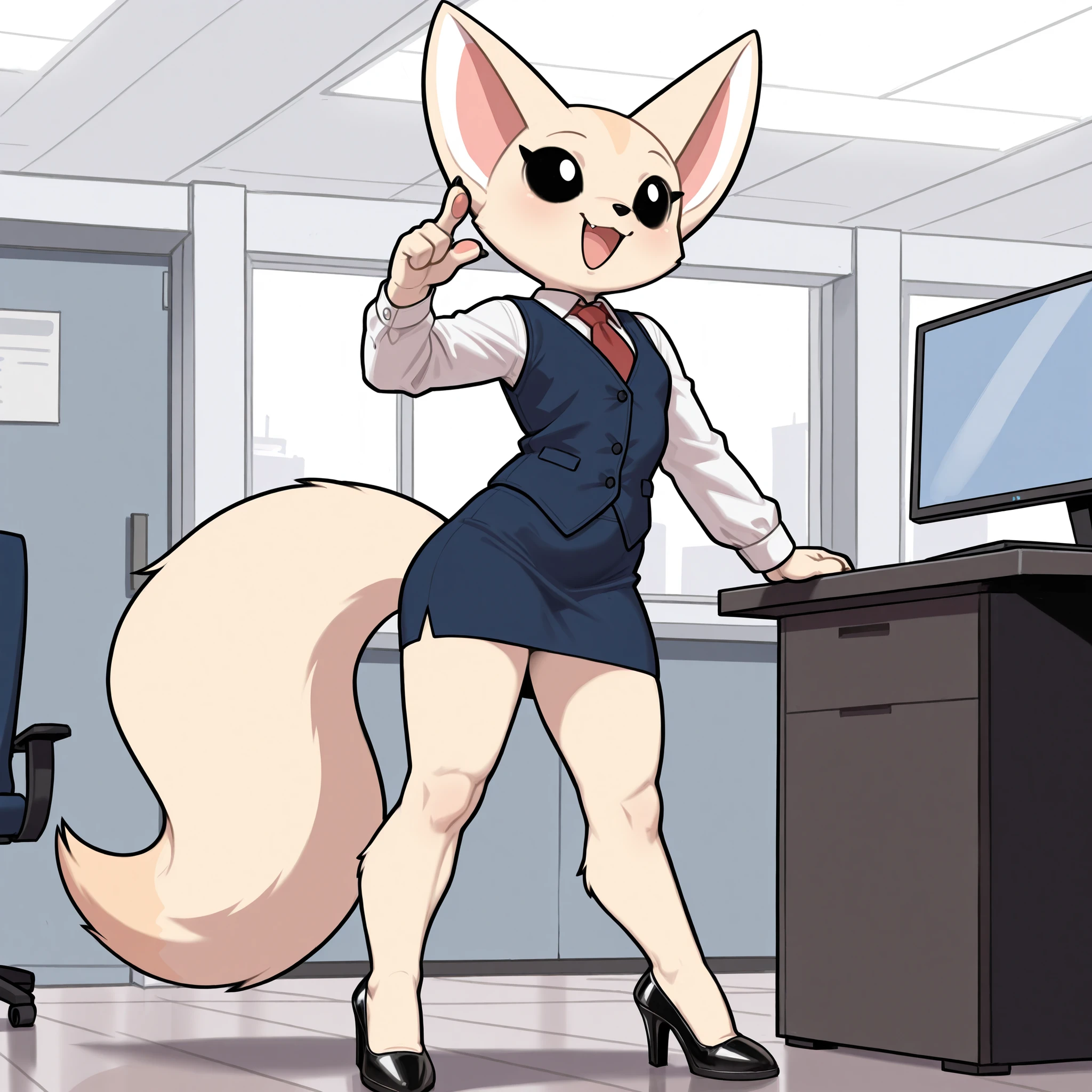 Masterpiece, absurdres, newest, anthro, furry girl, solo:1.3, fenneko, black_eyes, wearing blue vest, white long sleeve shirt, red tie, thin thighs, tall and slender body, blue skirt, legs, thighs, heels, in an office, pointing behind her, :D, standing