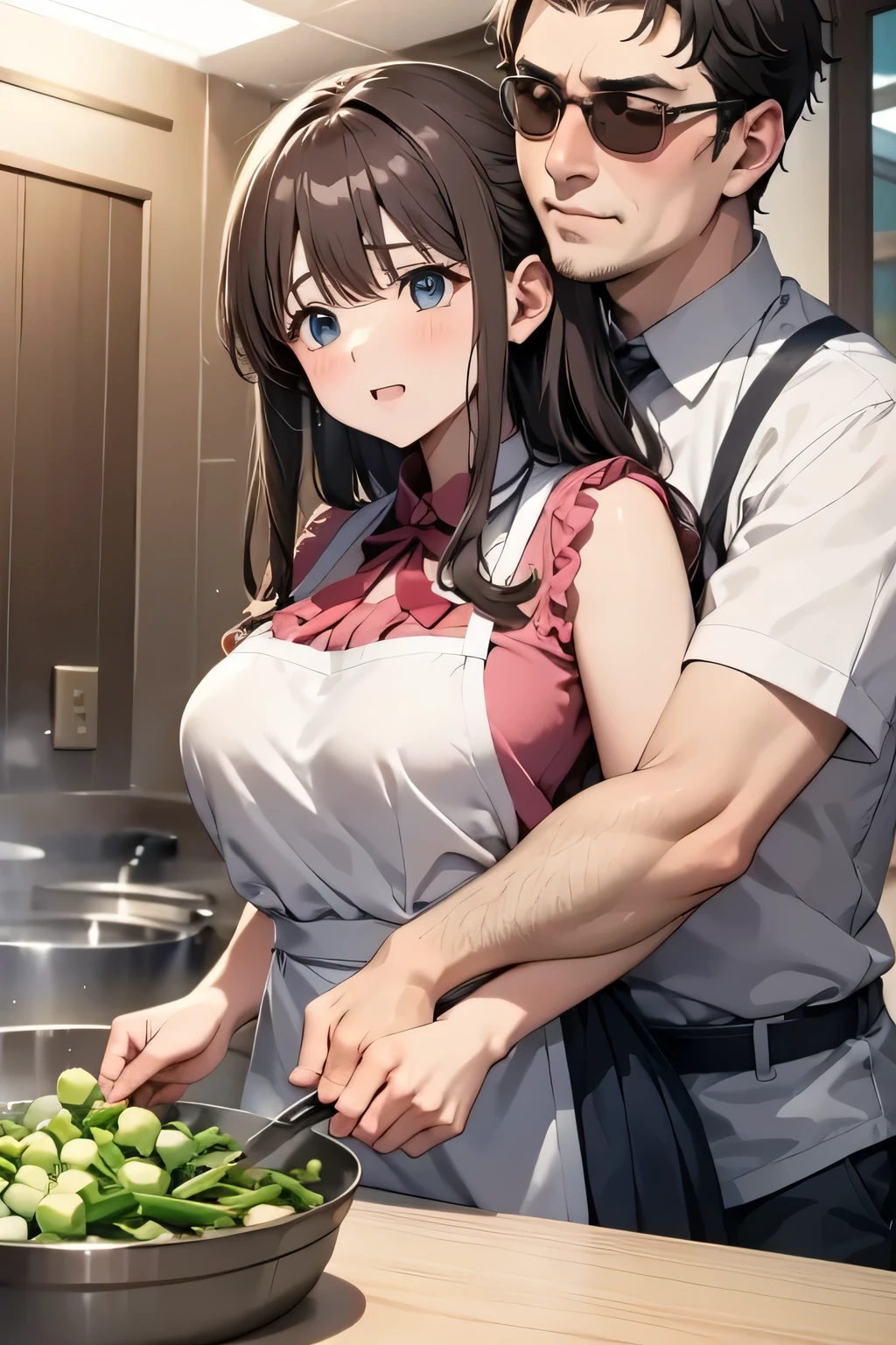 anime style、A woman holds a pot、ugly man hugs a woman、ugly man hugs her from behind、Woman is naked in apron、daikon in a pot、white, thick vegetables in a pot、Cooking、
