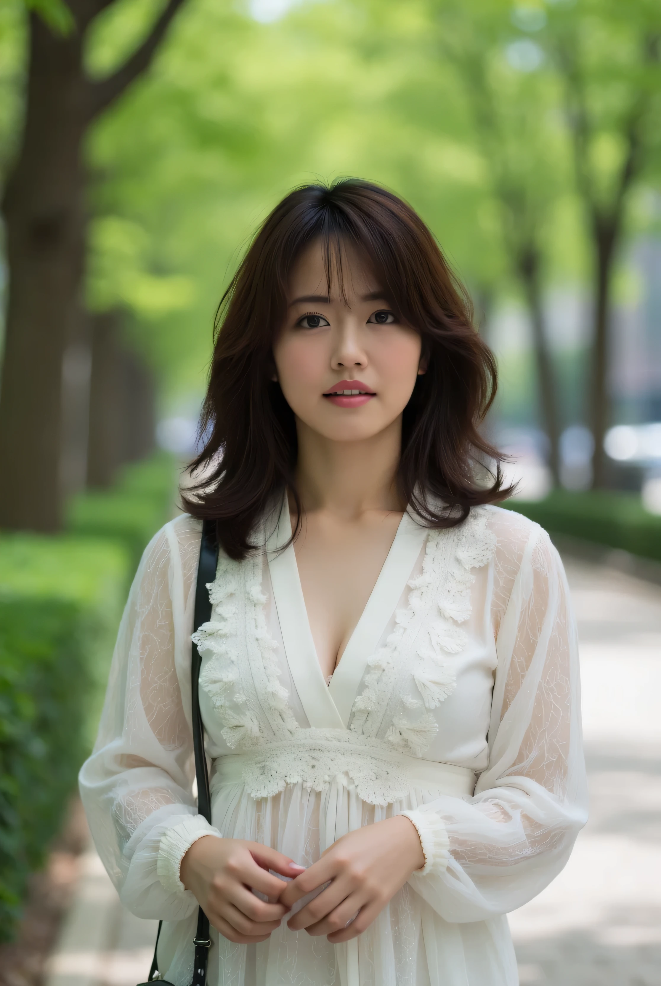 Realistic image,big city park ,(((I'm wearing a cute white blouse ))),bust up,Sayaka